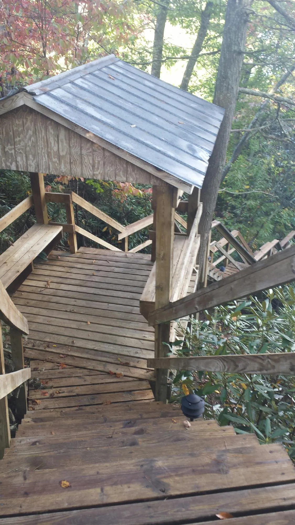 Metal roofed shelter over wooden steps on a wooded walkway — Skylight Repair & Installation work by our crew in Kissimmee